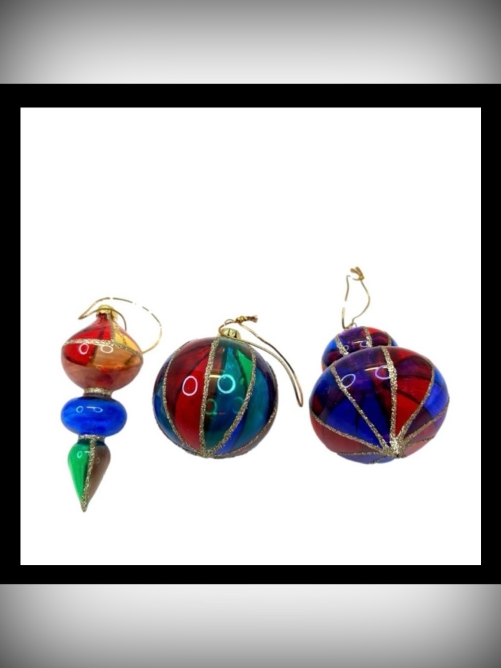 Coloured Blocked Glass Ornaments Set of 3 Different Shaped